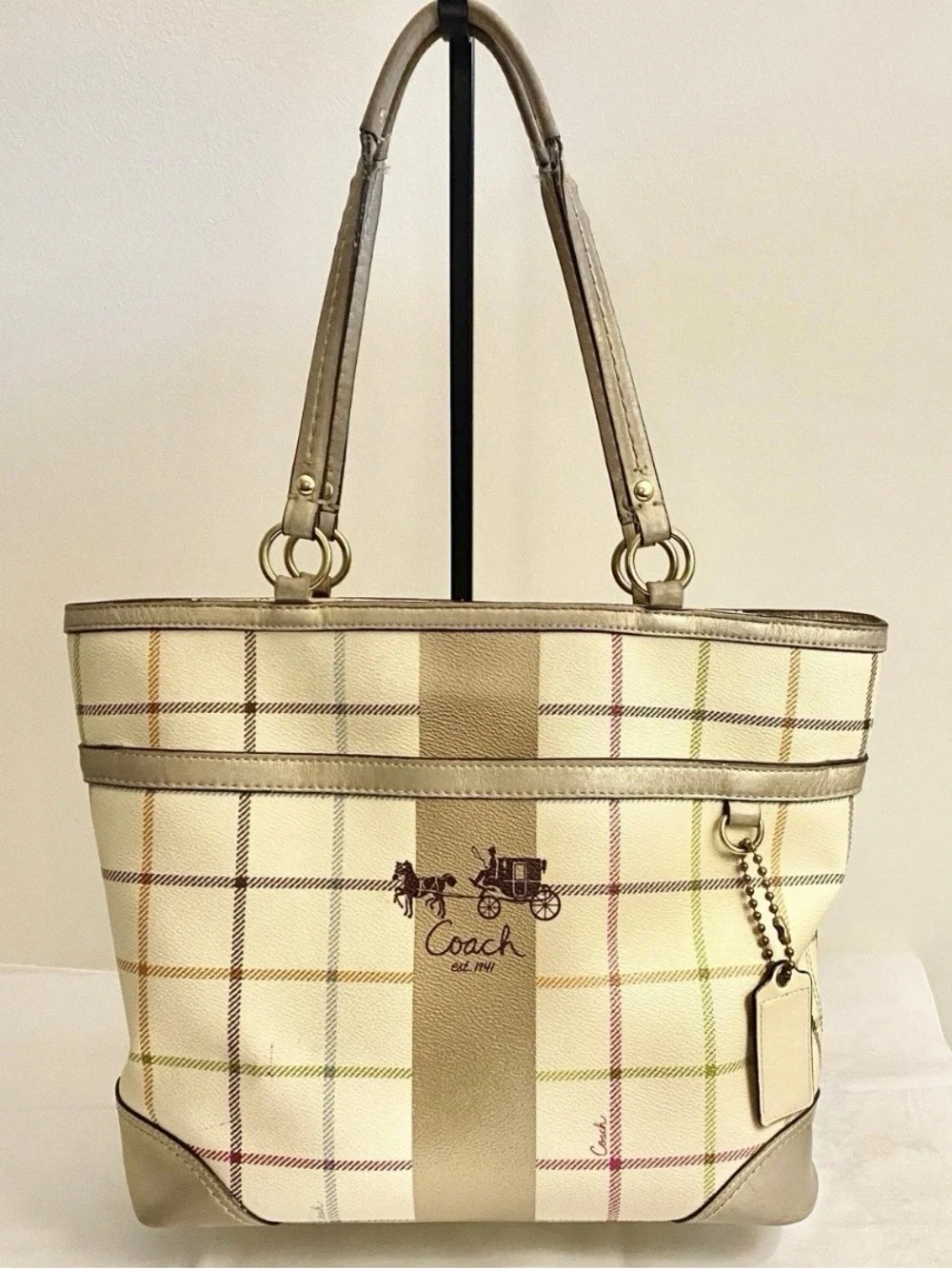 COACH Heritage Plaid Tote Bag Shoulder Purse Gold Trim 13033